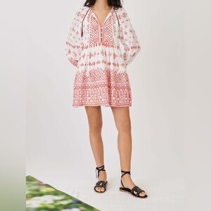 Maje Ibiza Collection Rolipa Embroidered Bohemian Babydoll Red & White Dress NWT